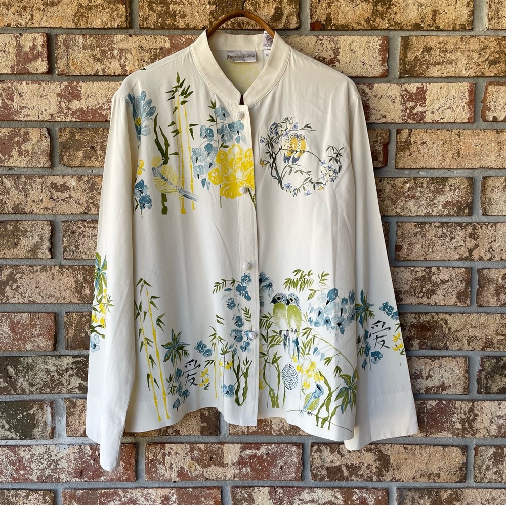 Drapers & Damons 100% Silk Jacket Size XL Embroidered Birds Blue Yellow Beauty!
